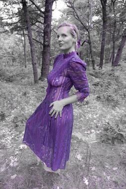 1980s Deep Plum Lace Victorian-Revival Maxi Dress with Puff Shoulders – M